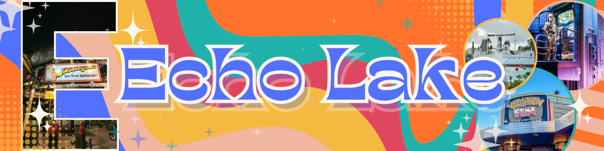 A vibrant retro-style banner for Echo Lake featuring colorful geometric patterns and text against an orange background.