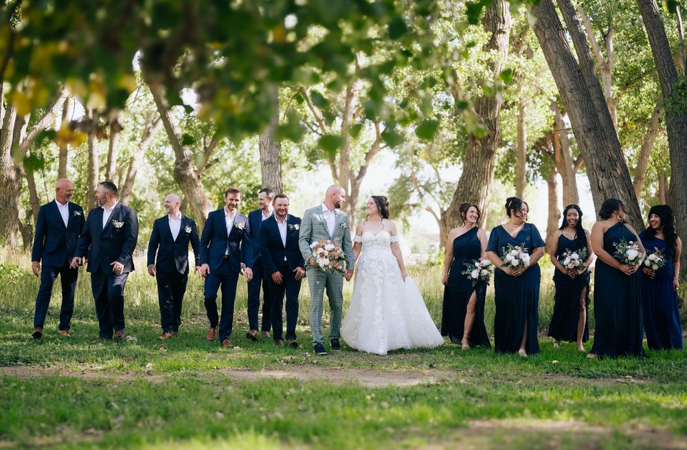 A wedding party in navy blue and white attire poses for photos in a sunlit garden setting.
