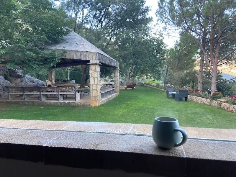 A coffee mug sits on a windowsill overlooking a backyard gazebo with stone pillars and lush green landscaping.