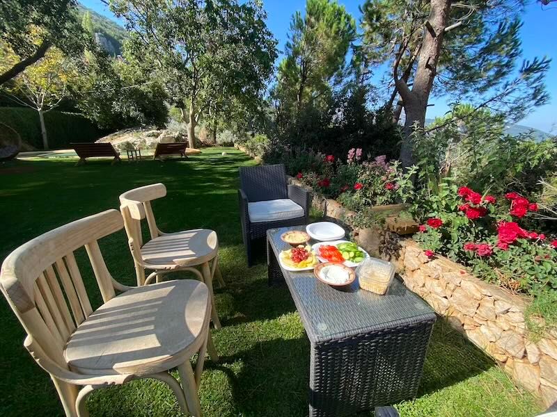 Outdoor patio furniture with breakfast spread on table surrounded by lush garden and pink flowers on sunny day.
