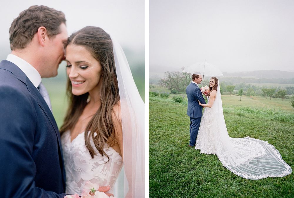Romantic wedding photography captures tender moments against rolling green hills with flowing white dress and navy suit.