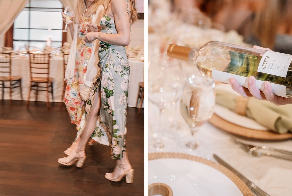 A pair of floral dresses and beige heels at a wedding reception with wine glasses and place settings on tables.