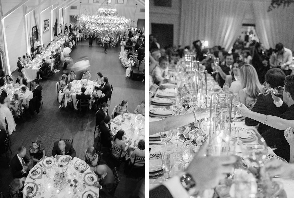Black and white photos show elegant wedding reception with round tables, floral centerpieces and candlelight settings.