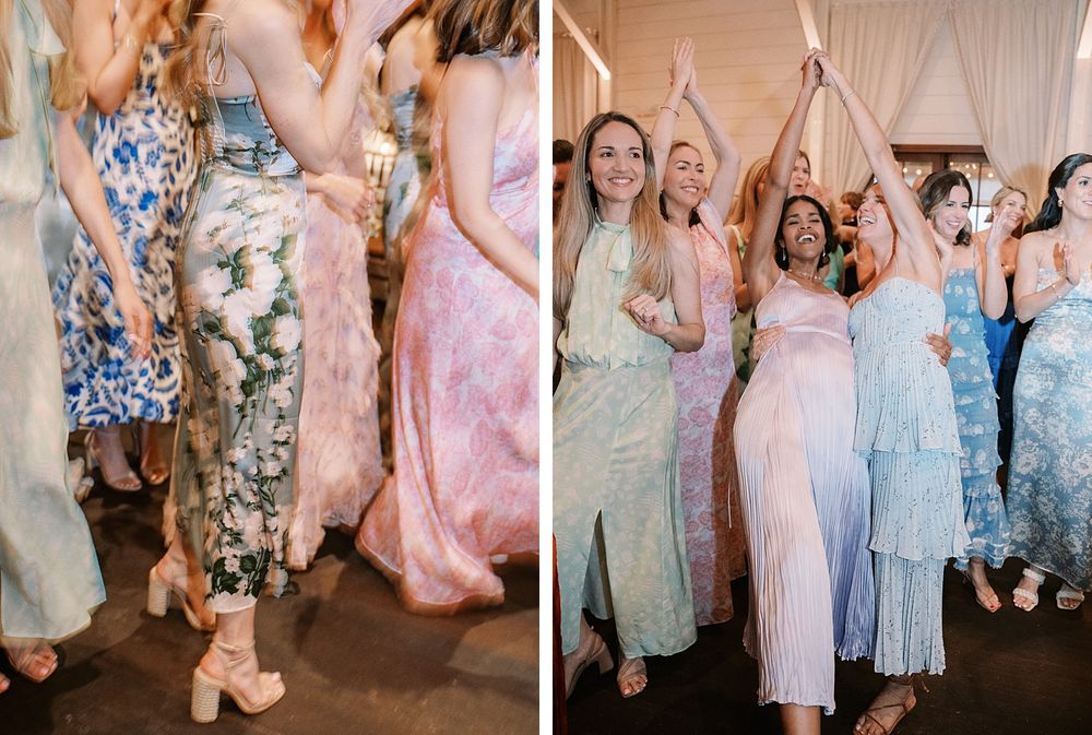 A group of women celebrating at a party wearing elegant floral and pastel formal dresses in pink and blue tones.