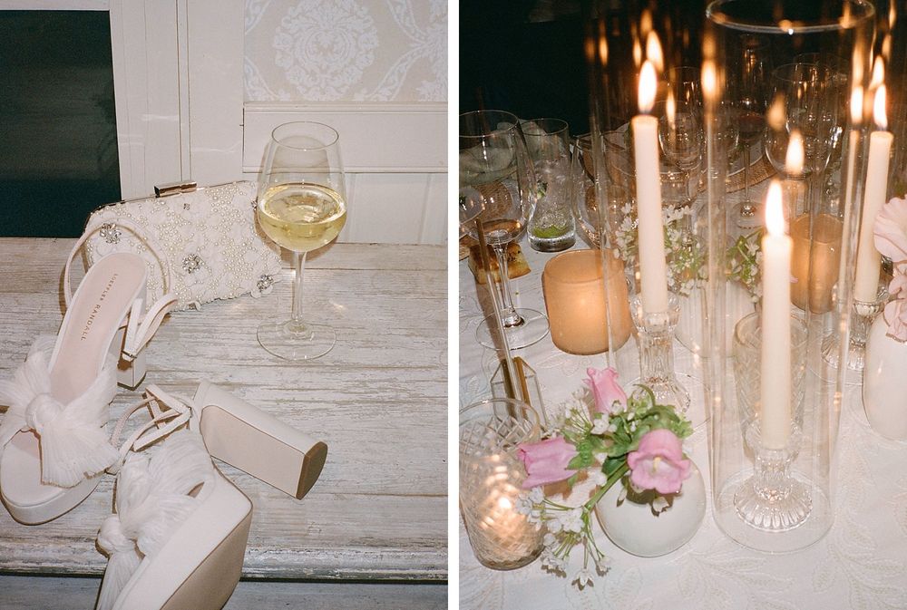 Diptych of white sneakers with wine glass and romantic candlelit table setting with pink flowers and glowing votives.