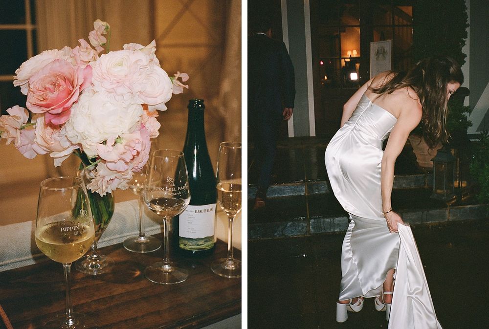 Elegant wedding reception decor with pink roses beside wine glasses and a candid shot of someone's white dress.