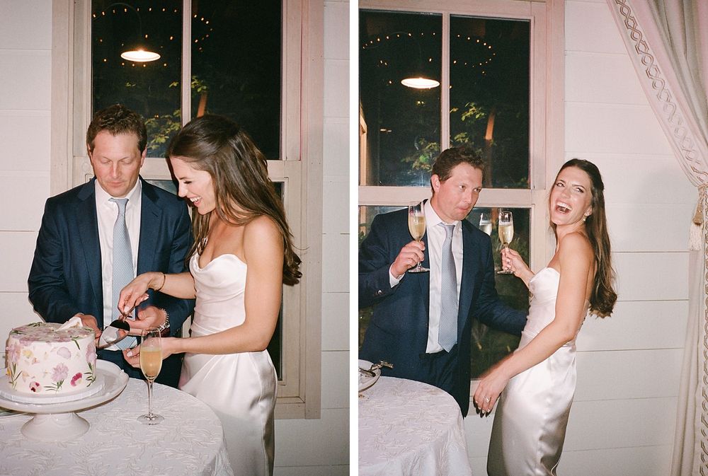 Two side-by-side wedding photos show a couple cutting their cake and sharing a joyful moment during a reception celebration.