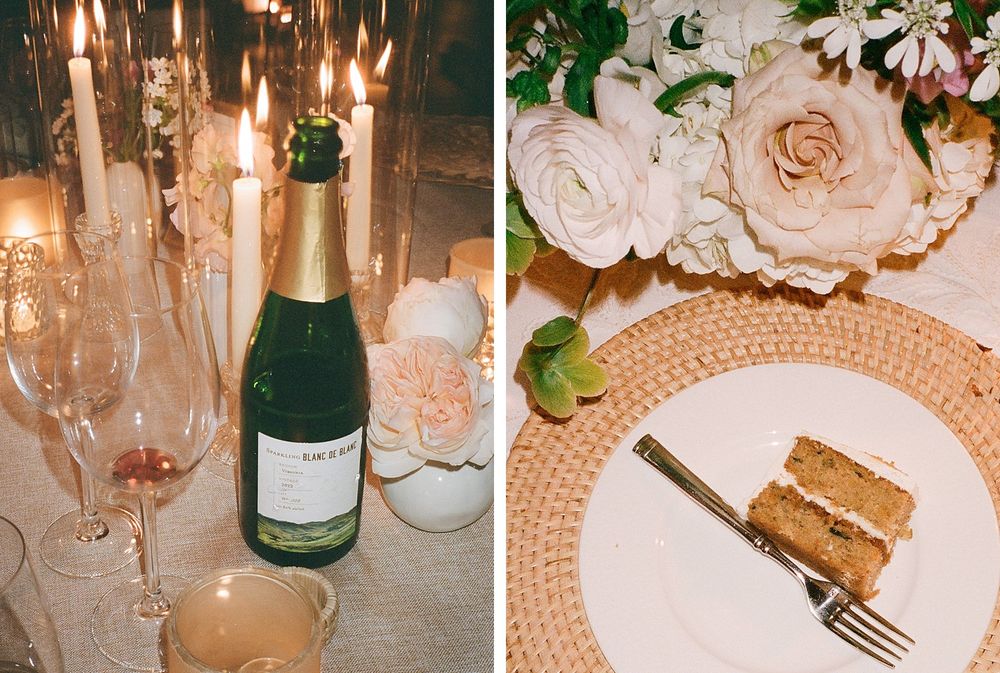 Two celebration photos showing champagne with candles and a slice of layered cake with blush pink roses on a gold plate.