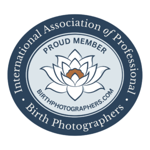 Professional logo badge for International Association of Birth Photographers with lotus flower design on navy background.