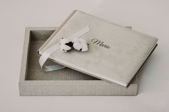 White photo album with decorative butterfly in light gray storage box.