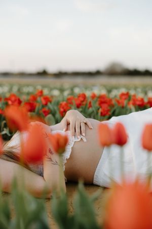 An engagement ring sparkles among vibrant red tulips in a flower field.