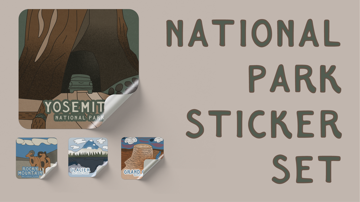 Illustrated national park sticker set design featuring Yosemite themed graphics and icons.