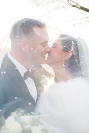 Bride and Groom about to kiss under veil.