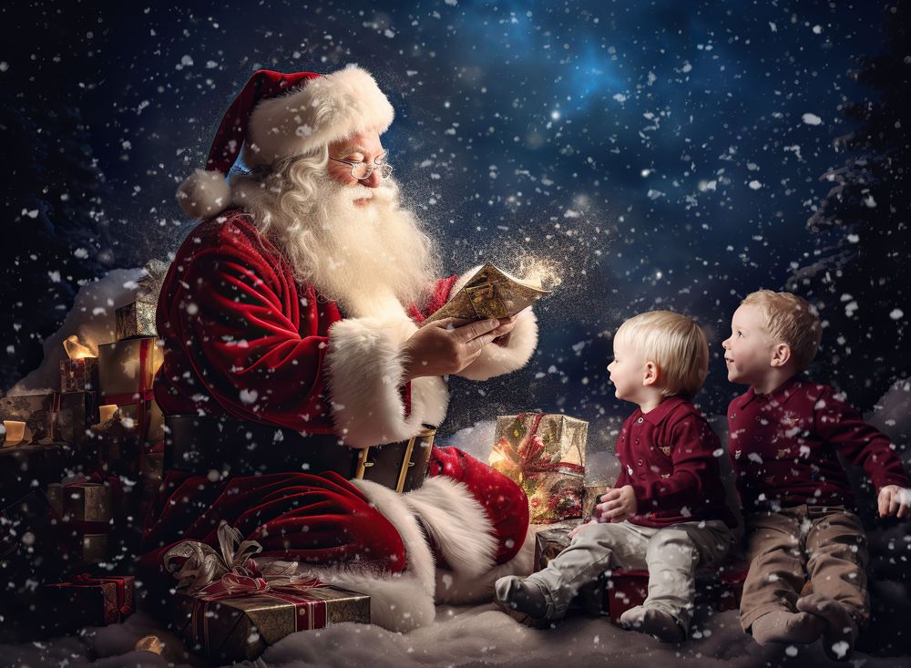 Santa Claus themed digital, photography by Nicola in Woodside, capturing festive Christmas portraits of brothers and sisters in a fun set up