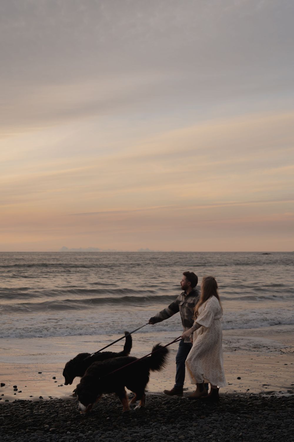 Two people walking their dogs on a moody beach during golden hour with waves crashing in the background on Ruby Beach, Olympic National Park