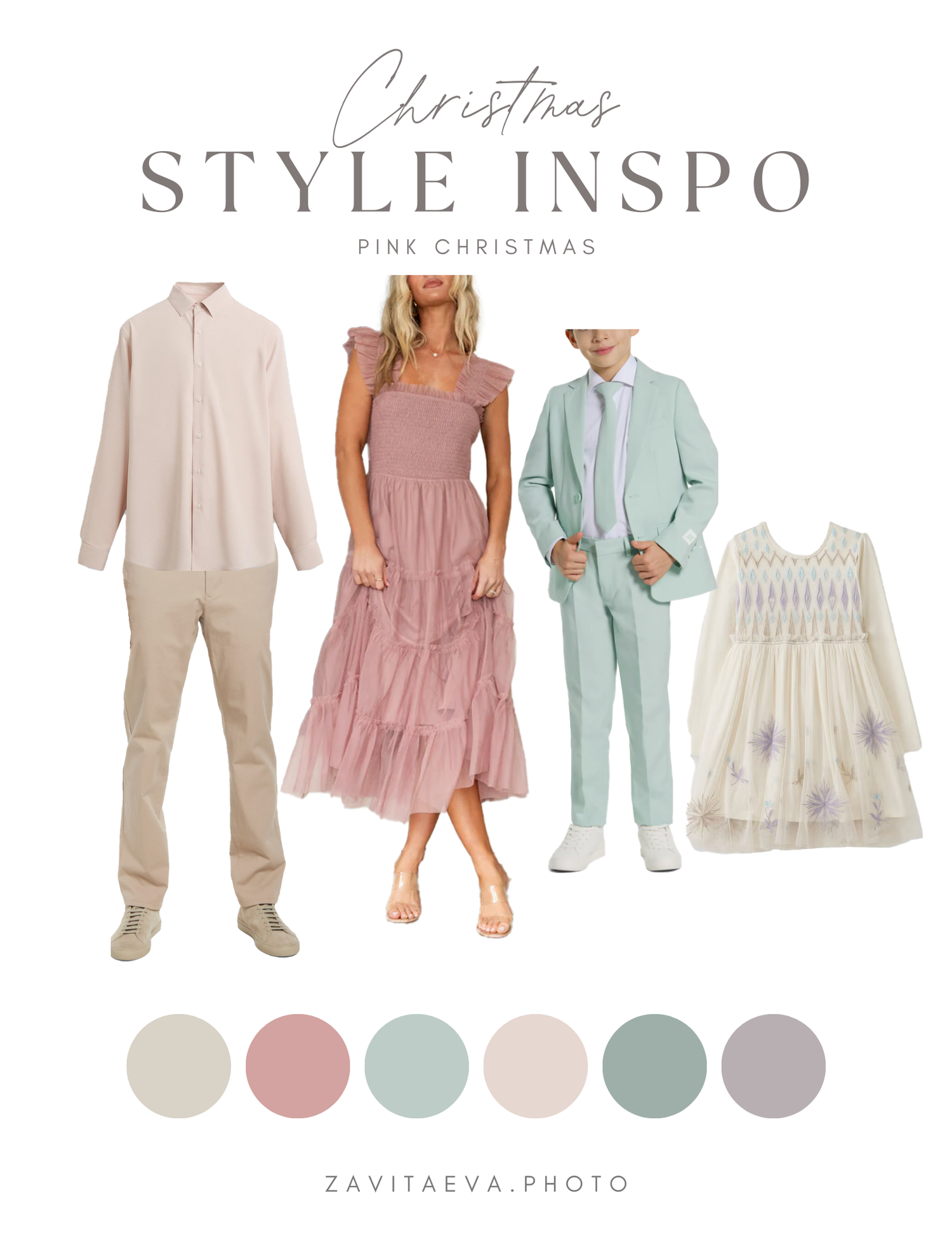 Fashion mood board with coordinated family outfits in soft pastel colors of beige, pink, mint and white for photo styling.