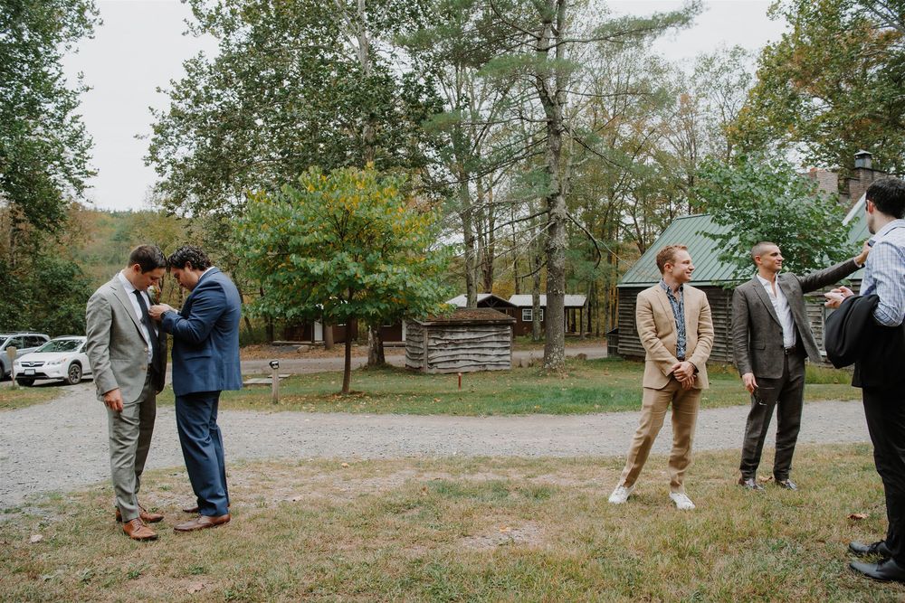 Series of candid moments showing people walking and interacting outdoors in a natural park setting.