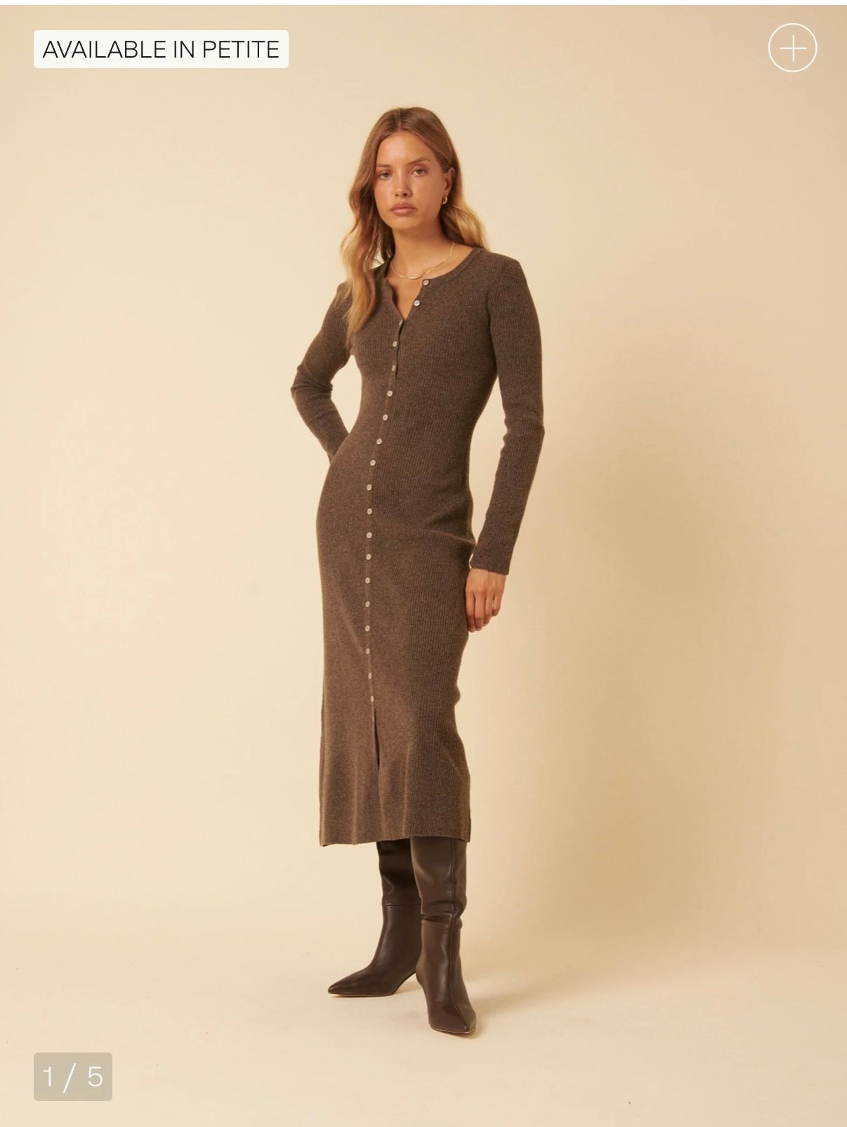 Brown ribbed long-sleeve button-down dress with fitted silhouette shown in multiple angles against beige backdrop.