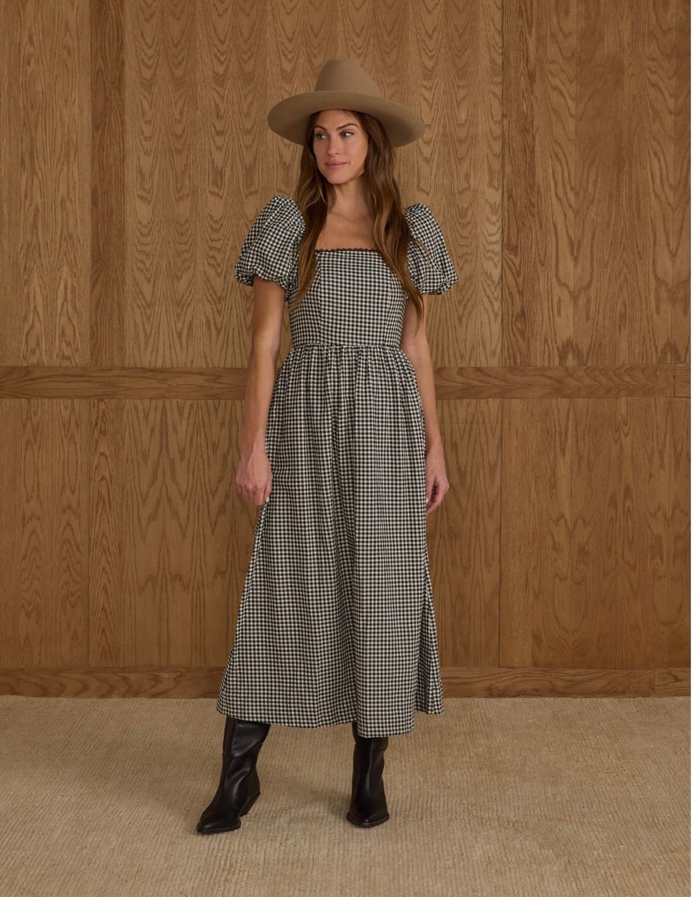 Five product photos showing a checkered babydoll dress in gingham pattern with short puff sleeves styled with black boots.