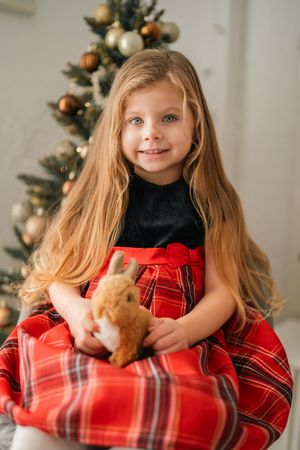 Child in plaid red holiday dress holding gingerbread cookies near decorated Christmas tree.