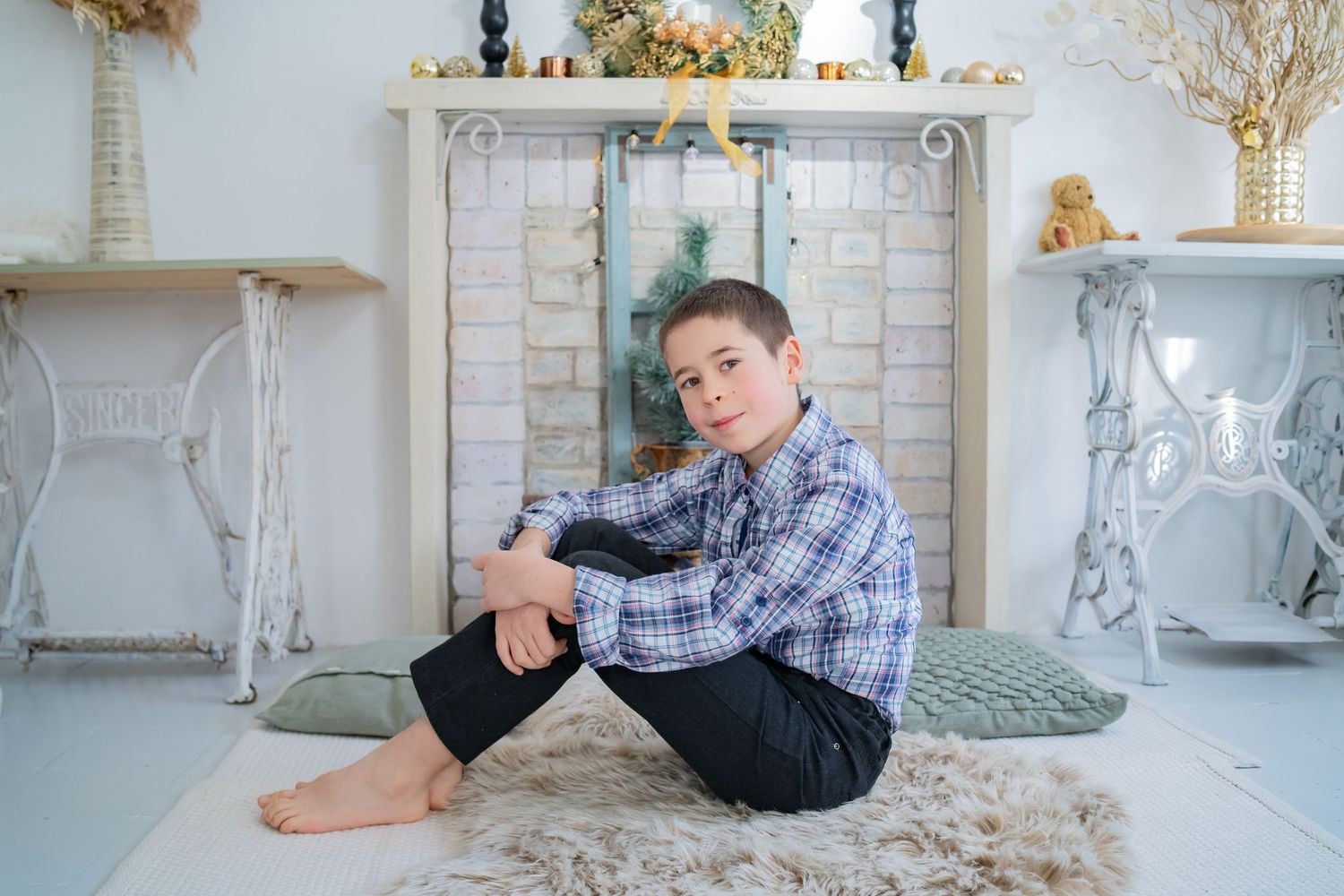 Playful scenes of someone relaxing and posing on a soft cream-colored sofa in a light-filled room.