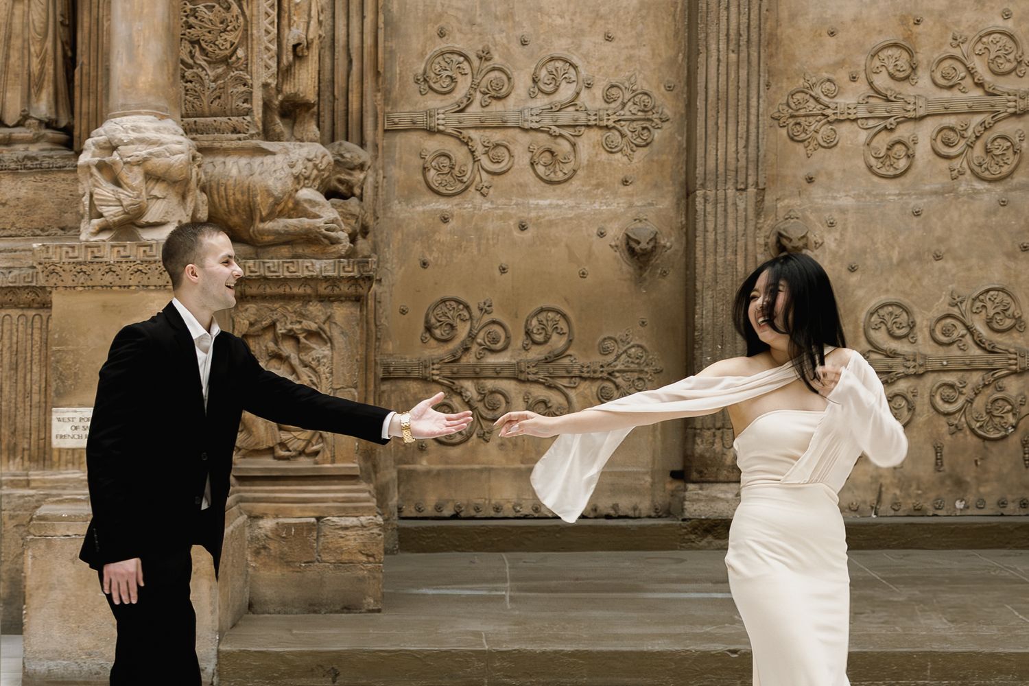Traditional wedding photo montage showing playful candid moments between newlyweds against stone architecture backdrop.