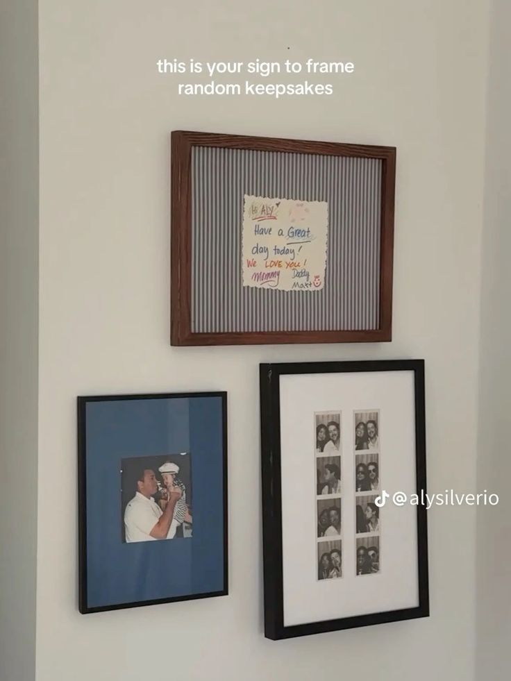 Three framed pieces on a light wall include a handwritten note, photographs, and a series of photo booth strips in simple frames.