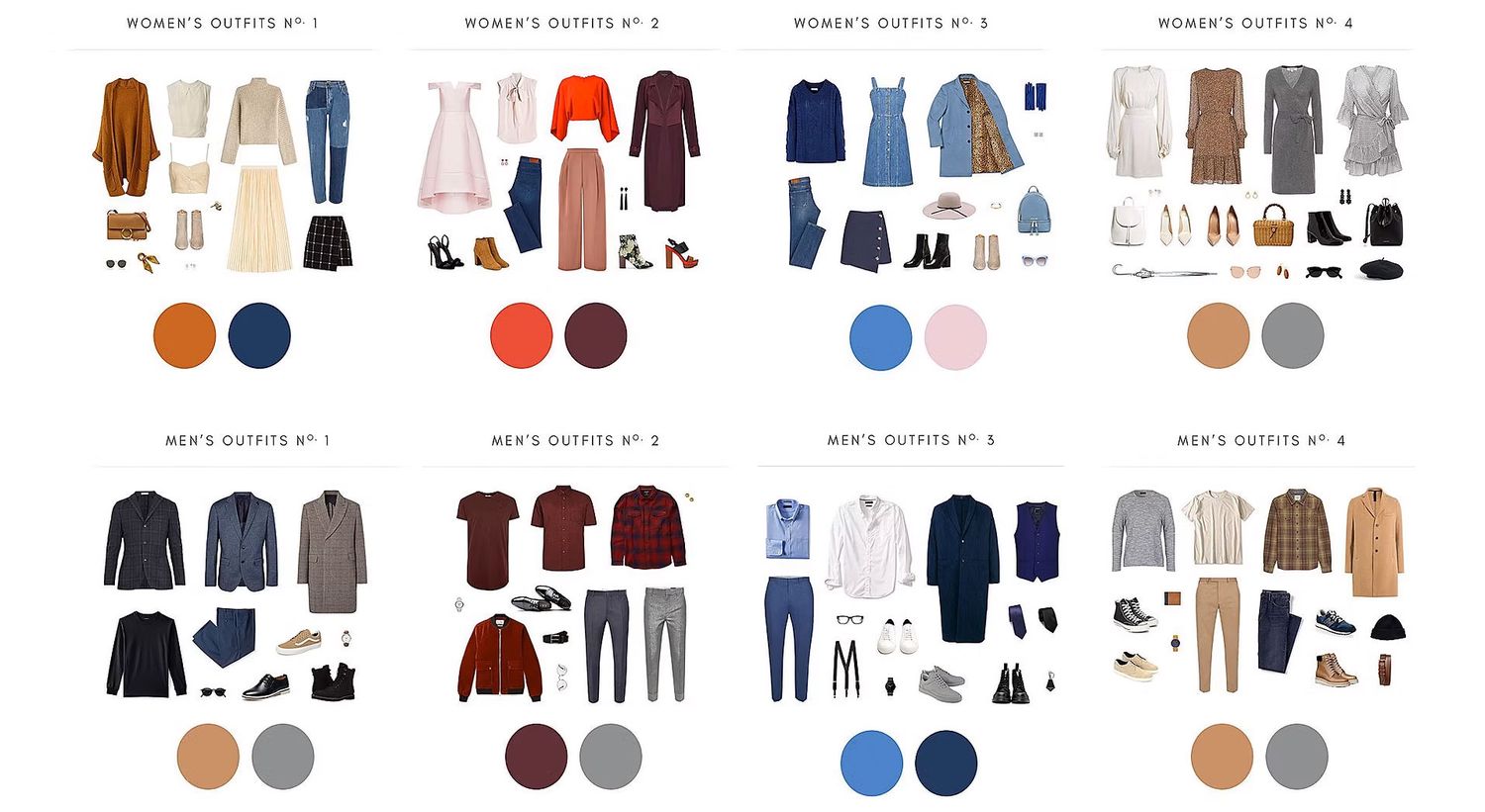 Fashion capsule wardrobe collection showing seasonal outfit combinations with coordinating color palettes.