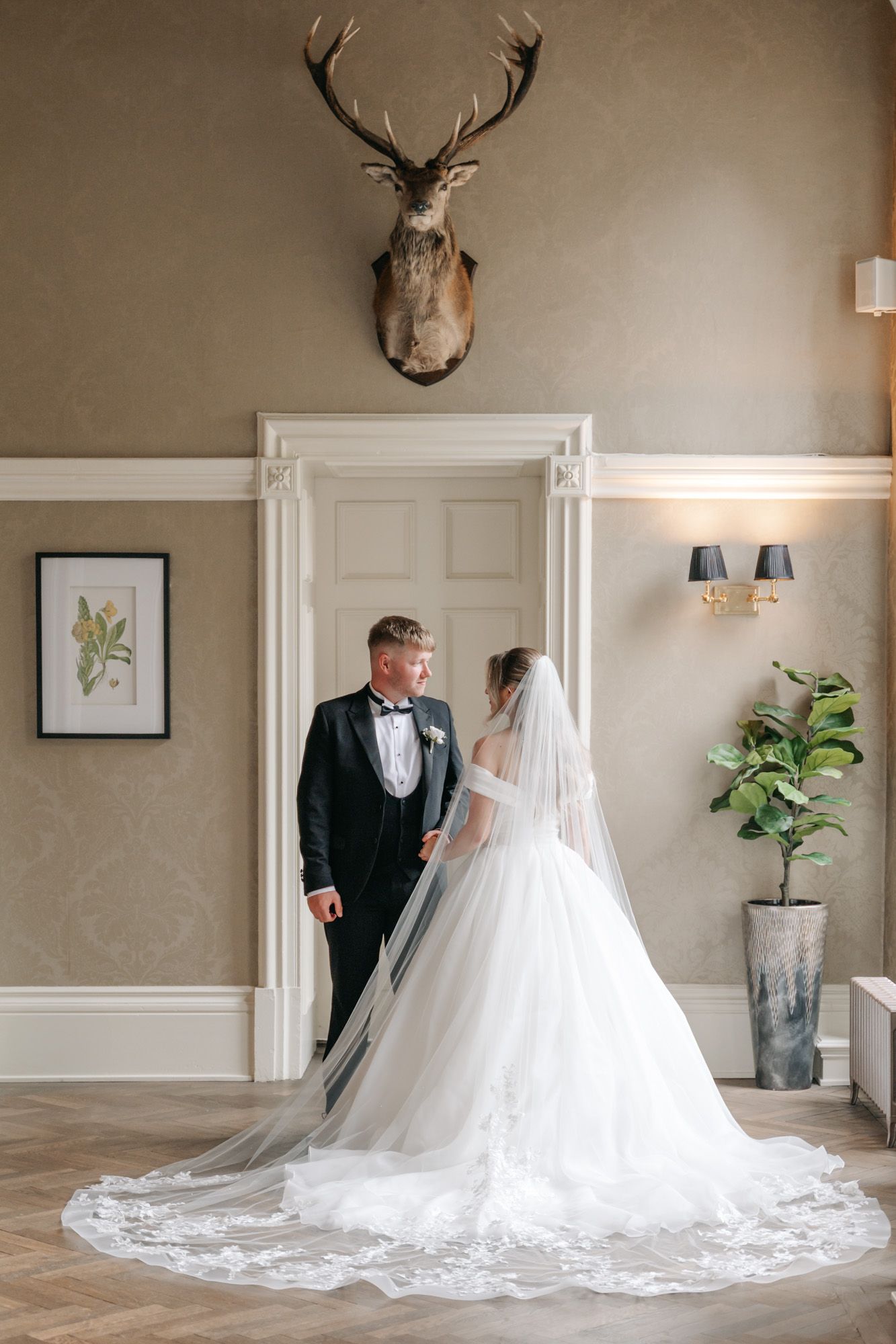 Elegant wedding couple poses beneath mounted deer head in classic interior with white molding.