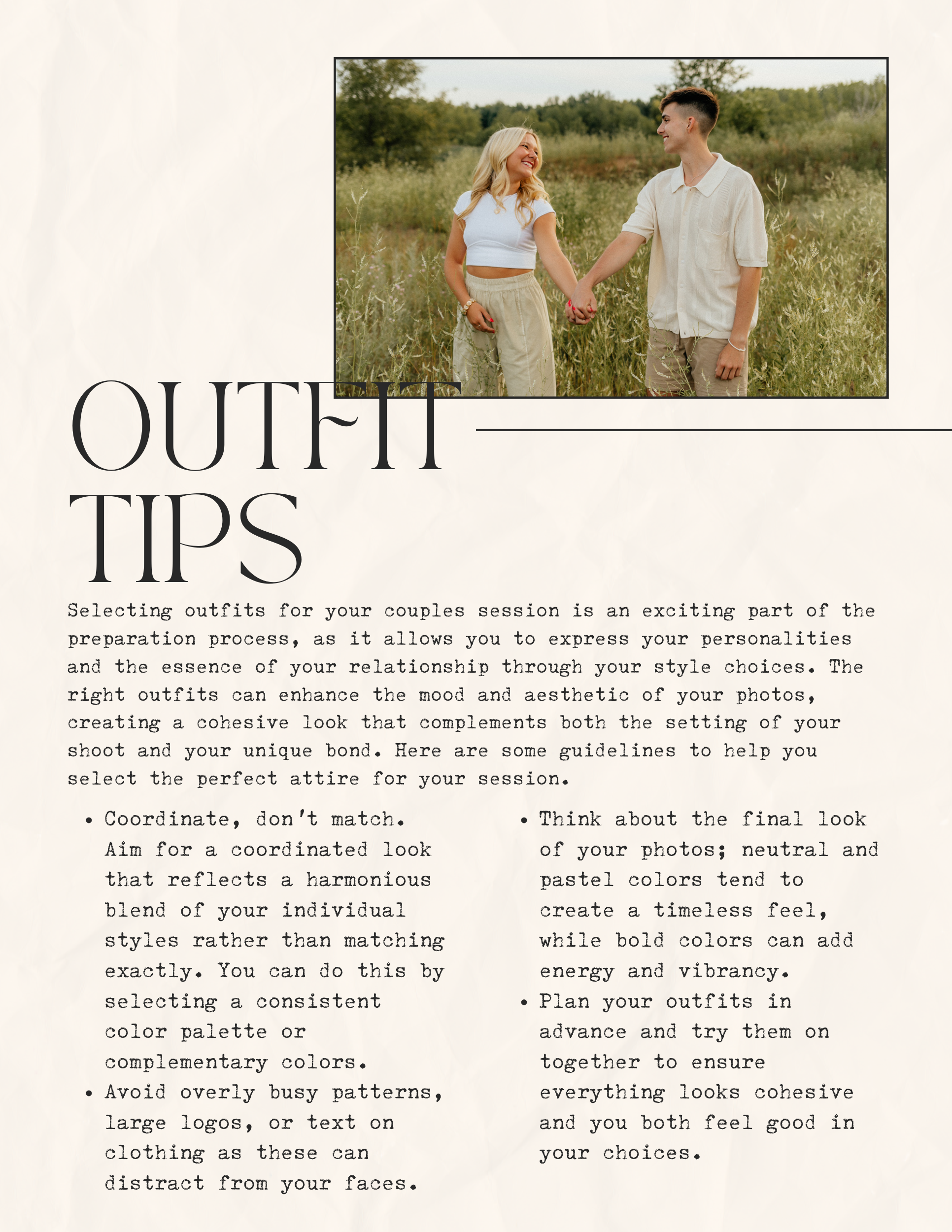 A pastoral engagement photo spread featuring a couple holding hands in a sunlit meadow with outfit tips text overlay below.