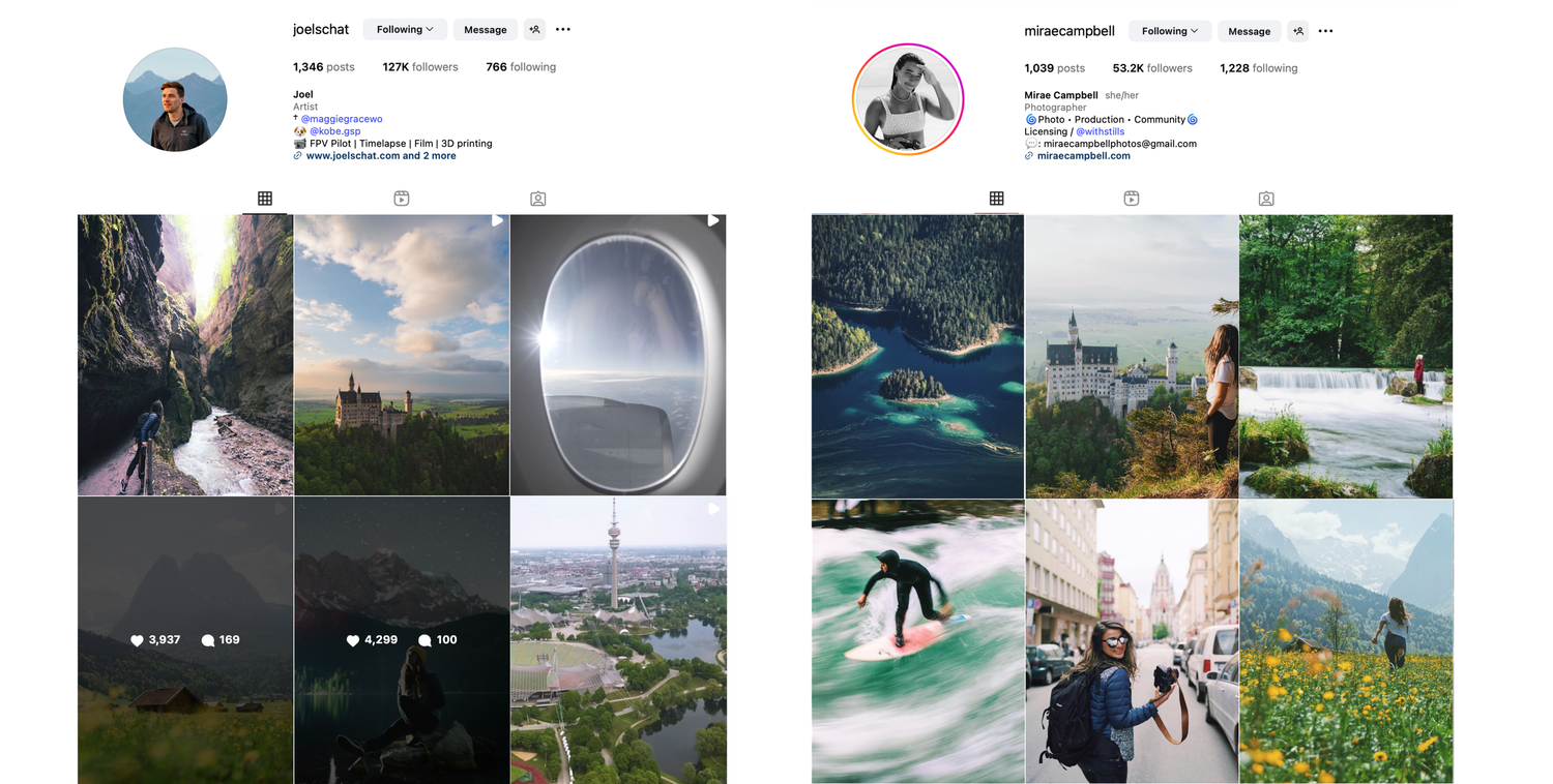 Grid of scenic mountain landscape photos showing views with clouds, forests and outdoor adventures in nature.