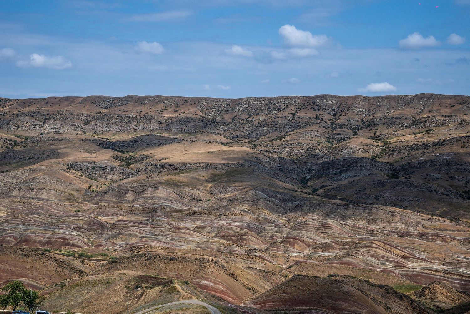 Aerial view of vast desert landscape with layered rock formations and winding valleys stretching to the horizon.