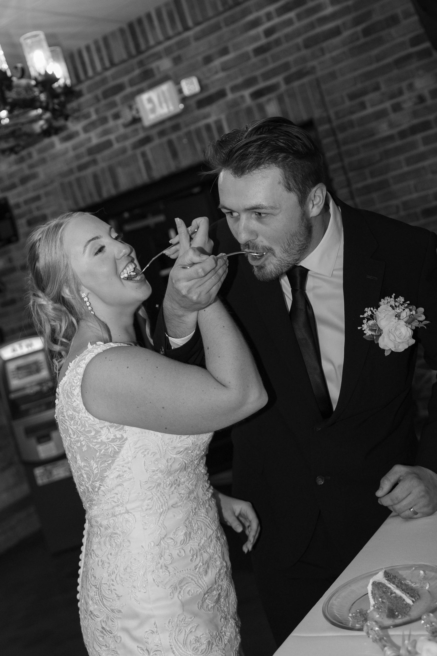 Bride and groom cake cutting reception indoor reception photos in Frankfort, Illinois