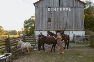 Horses gather outside a rustic barn labeled 'KINTERRA' during golden hour.