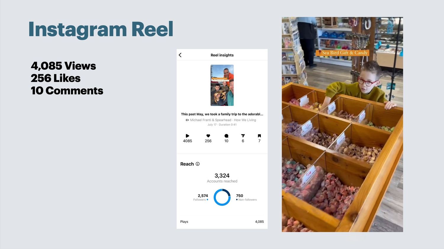 Instagram Reel analytics screen showing post performance metrics with thumbnail images and engagement data.