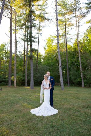 Wedding portraits captured in sequence across wooded landscape during sunset.