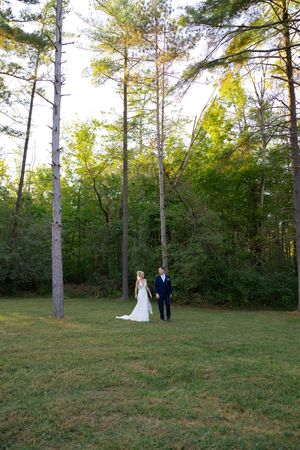 Wide angle wedding photography in pine forest setting during golden hour.