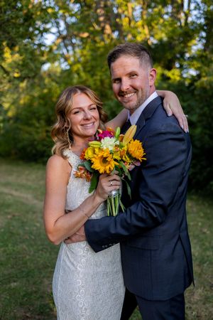 A romantic wedding photo sequence showing a couple with sunflowers against a green outdoor backdrop.