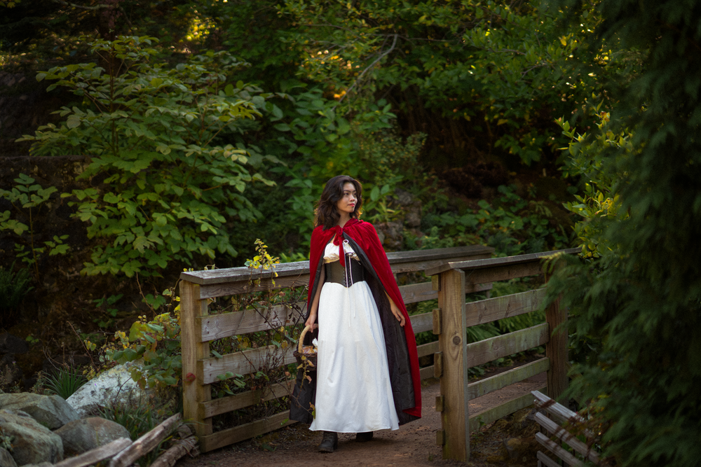 A figure in red and white stands on a rustic wooden bridge surrounded by lush forest.