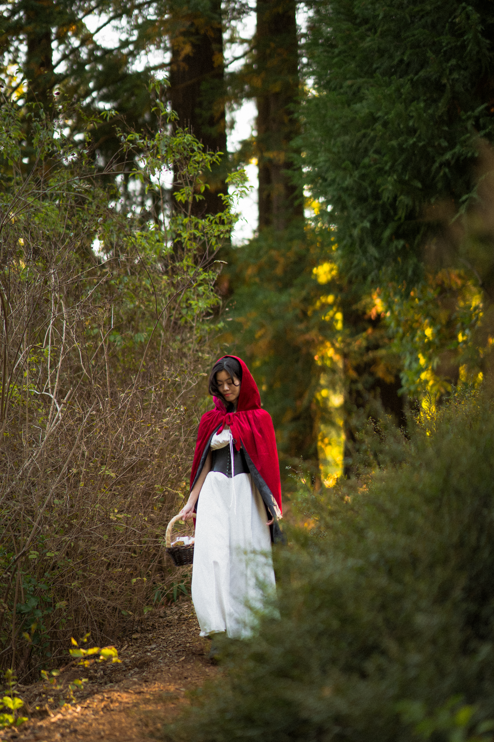 A red-cloaked figure walks through a wooded area with dappled sunlight filtering through the trees.