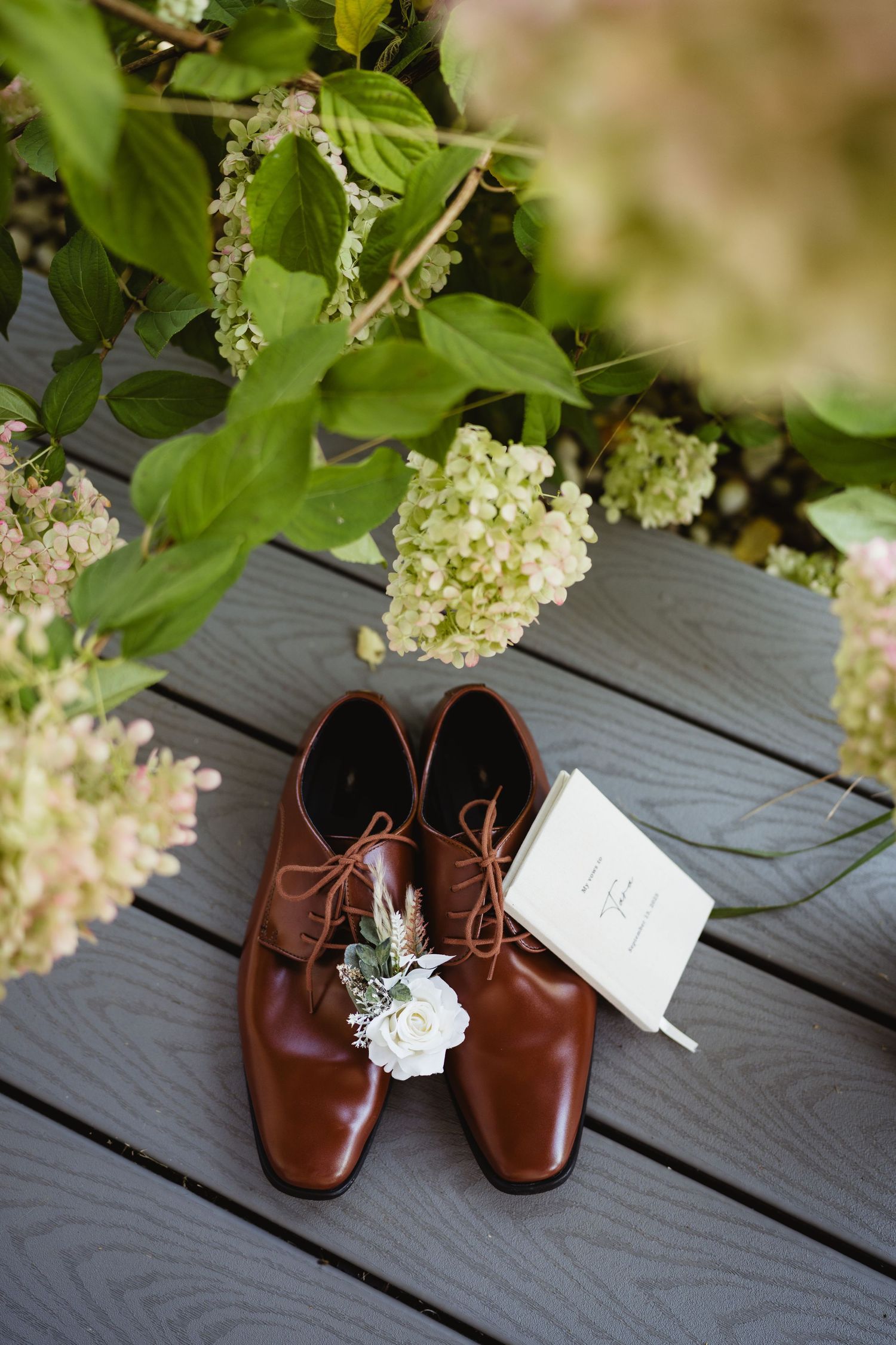 Brown leather shoes displayed on dark wooden deck with delicate white flowers hanging above.