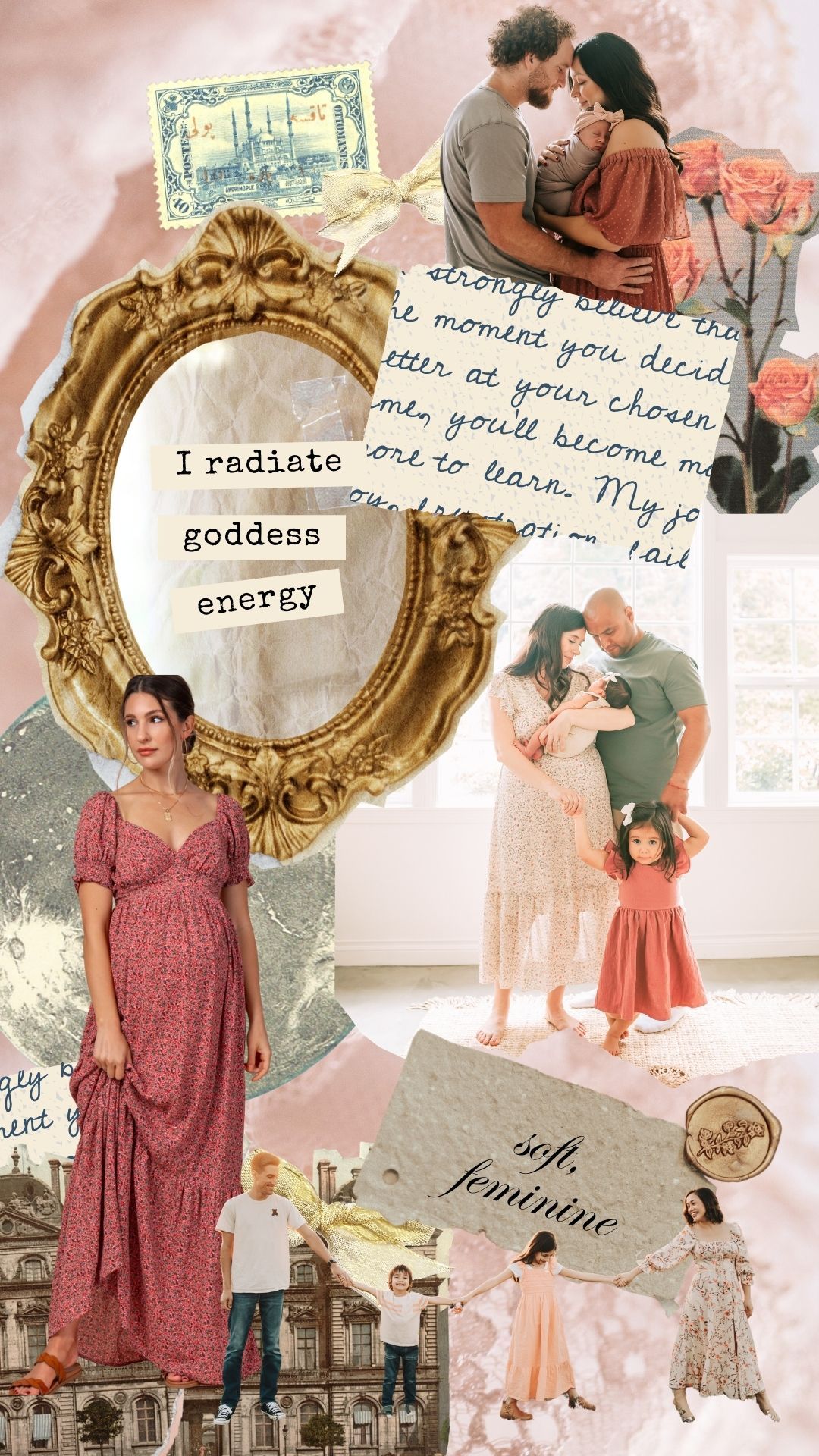 A romantic collage featuring ornate gold frames, vintage elements, and soft pink tones creates a dreamy aesthetic composition.
