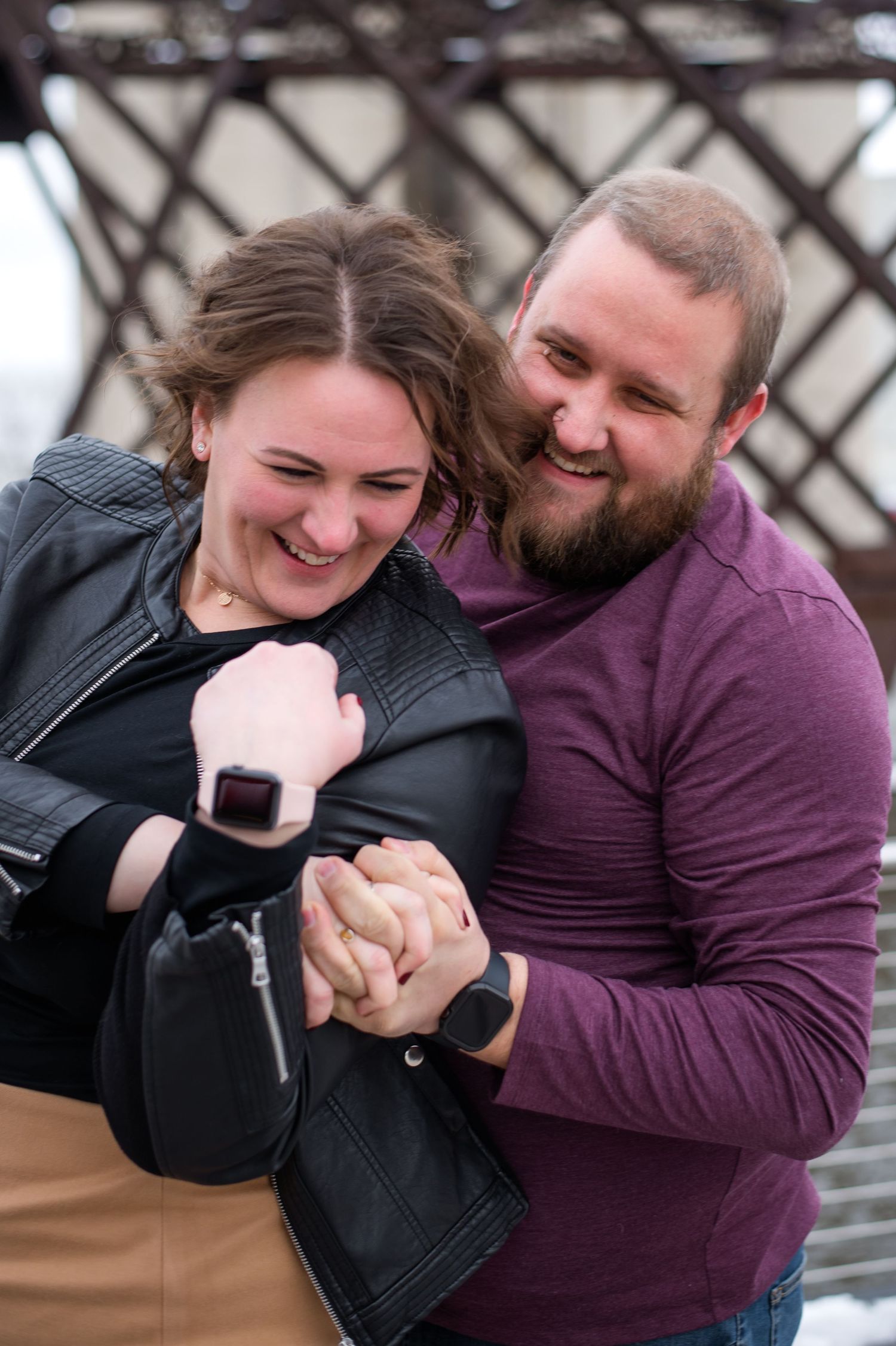 A playful sequence showing a couple embracing and laughing together in a series of candid outdoor photos.