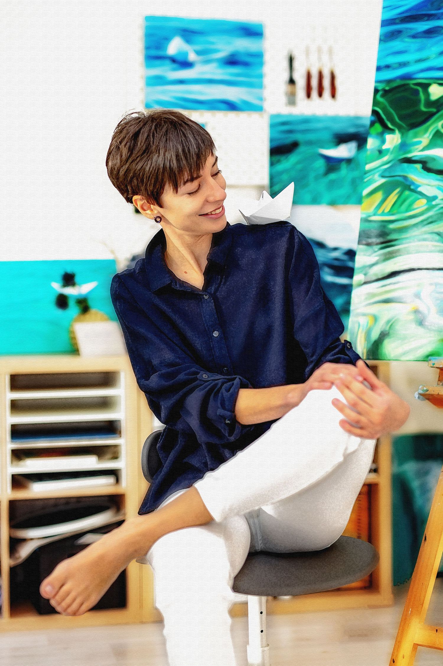 Person in navy blue shirt and white pants relaxing on wooden chair near turquoise wall decor.