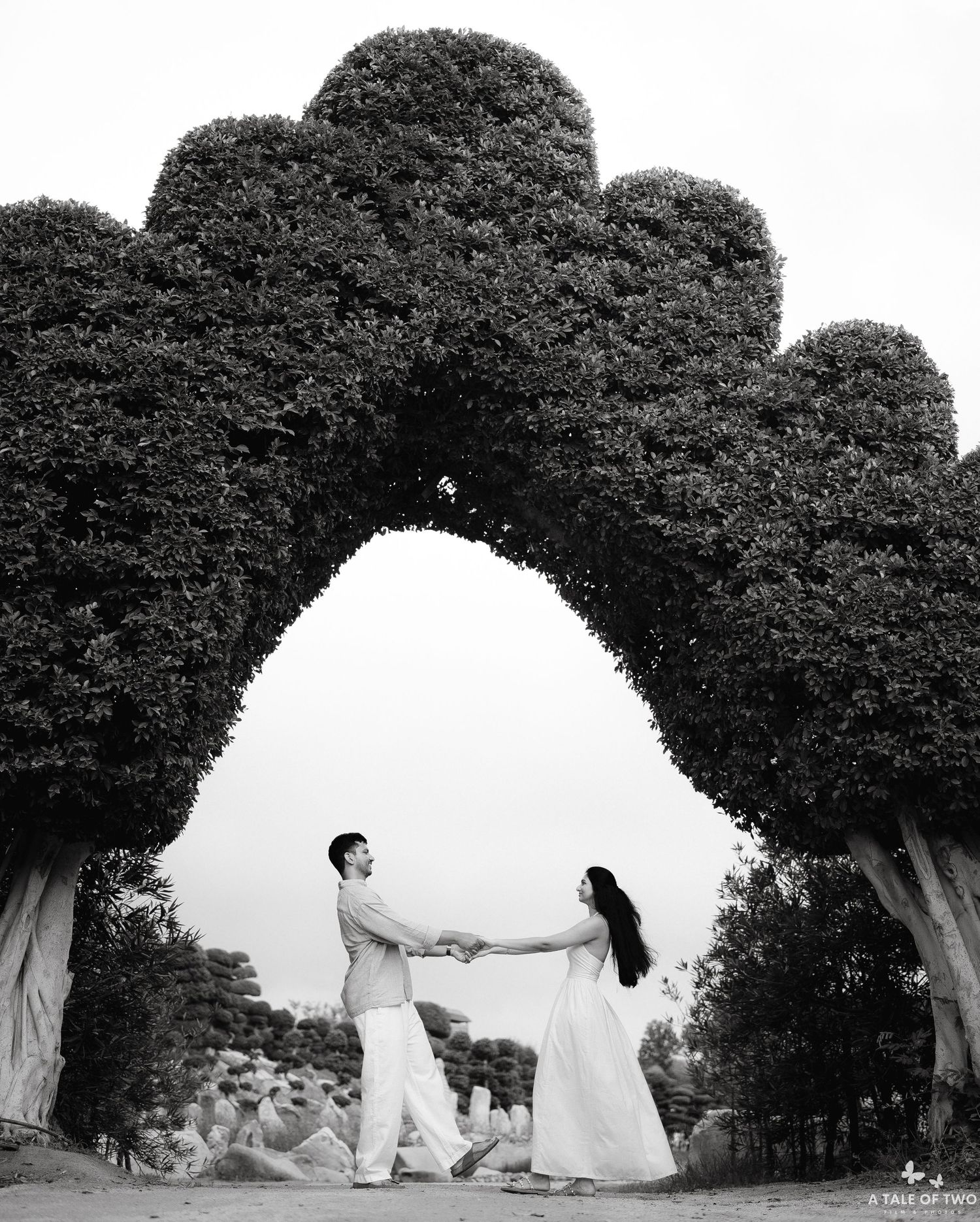 A romantic photoshoot sequence under a canopy of trees showing silhouettes against a bright sky.