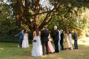 Wedding party members stand in a line under tall evergreen trees during an outdoor ceremony.