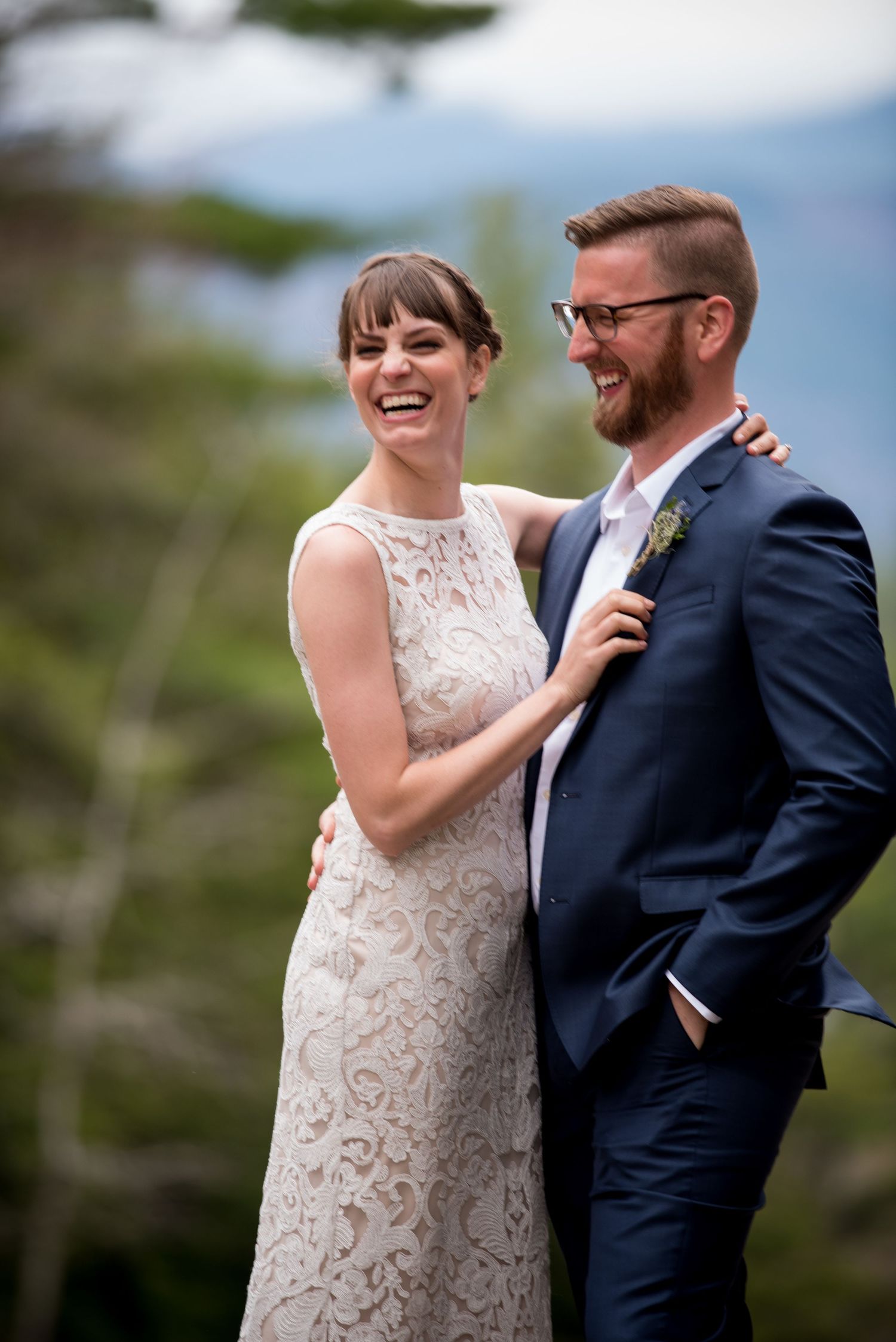 A bride and groom share a candid laughing moment outdoors in six progressive photos showing their genuine joy.