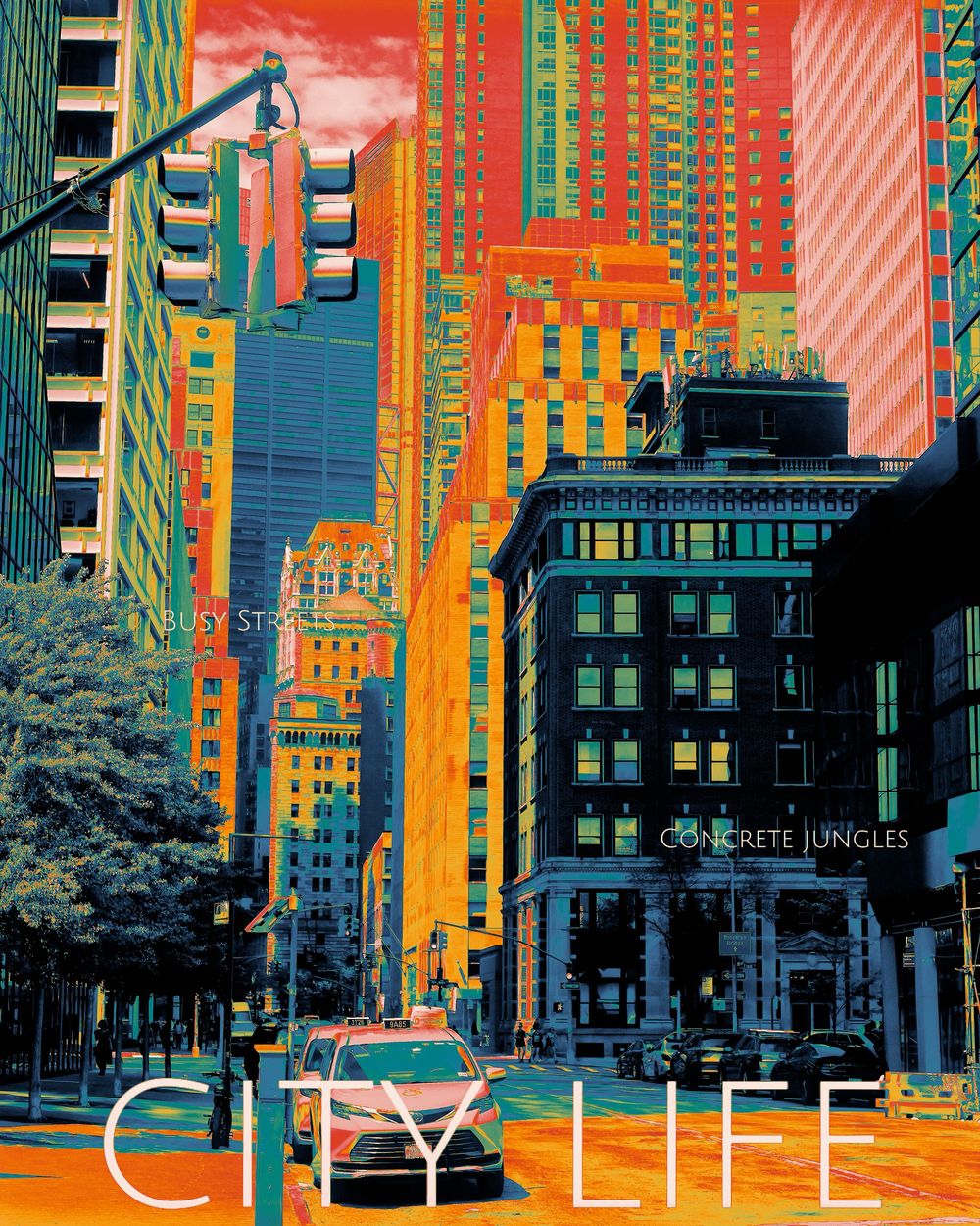 Stylized cityscape illustration with vibrant orange and green colors showing urban buildings.