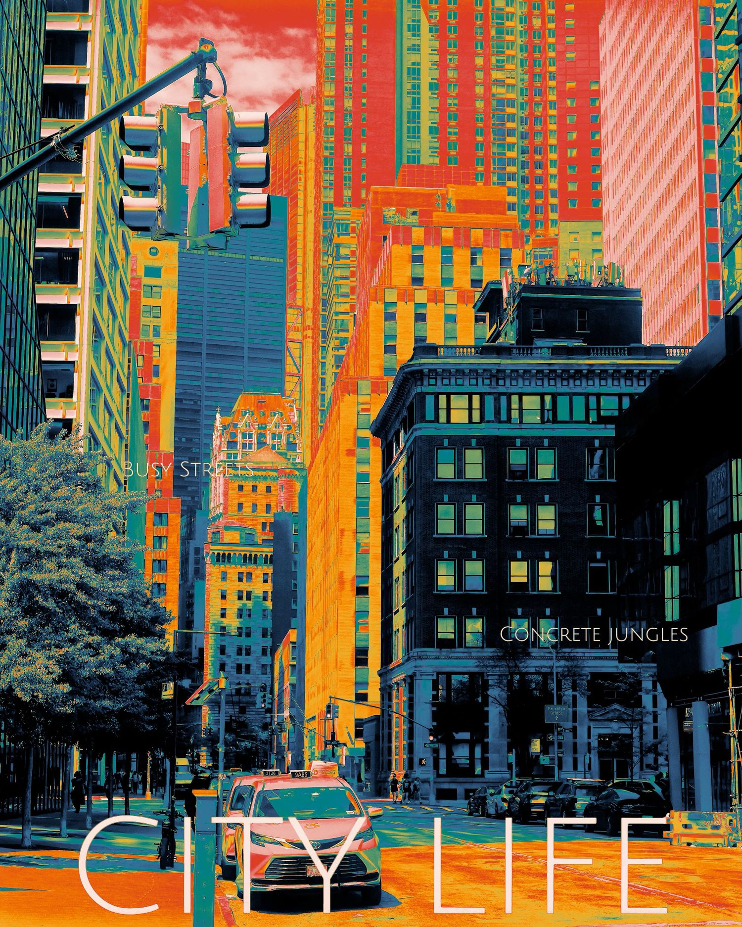 Stylized cityscape illustration with vibrant orange and green colors showing urban buildings.