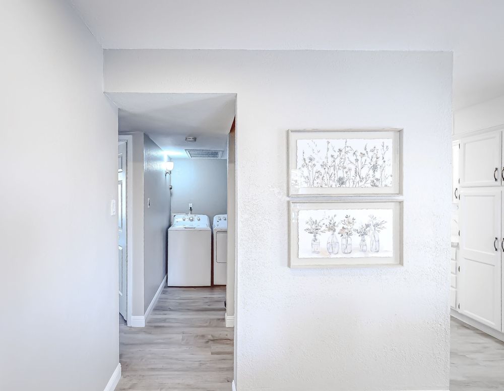 Bright hallway with white walls and light wood flooring extending to multiple rooms.